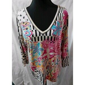 Lynn Ritchie V Neck Tropical Floral Top Womens Size L Multicolor Silk Bland